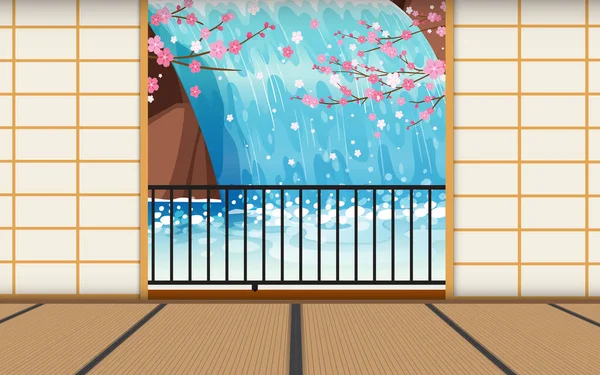 Пейзаж Водопада Японском Доме Горе — стоковый вектор