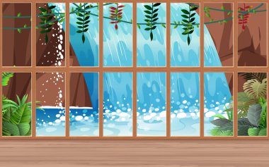 Ahşap evdeki pencerelerde şelale manzarası