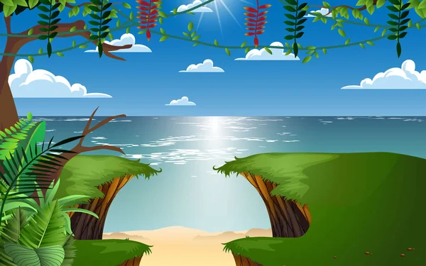 Пейзаж Скалы Пляже Облаками Горным Фоном — стоковый вектор