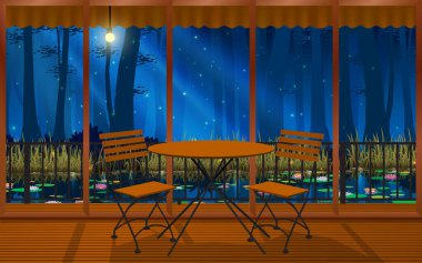 Ahşap masa ve sandalye gece vakti ormanda bataklıkta.