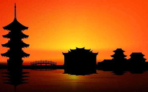 日落时中国河畔的房屋景观 — 图库矢量图片