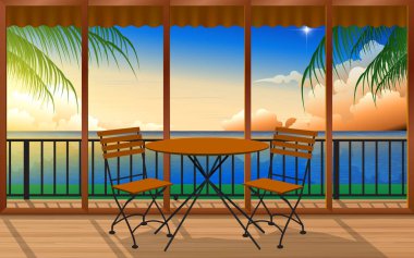 Tahta masa ve sandalye sabah sahildeki ahşap bungalovda.