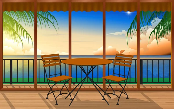 Ξύλινο Τραπέζι Και Καρέκλα Ξύλινο Μπανγκαλόου Στην Παραλία Πρωί — Διανυσματικό Αρχείο