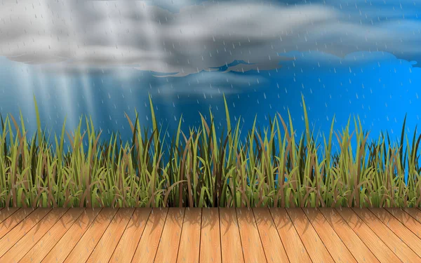 雨の日の牧草地の木のテーブル — ストックベクタ