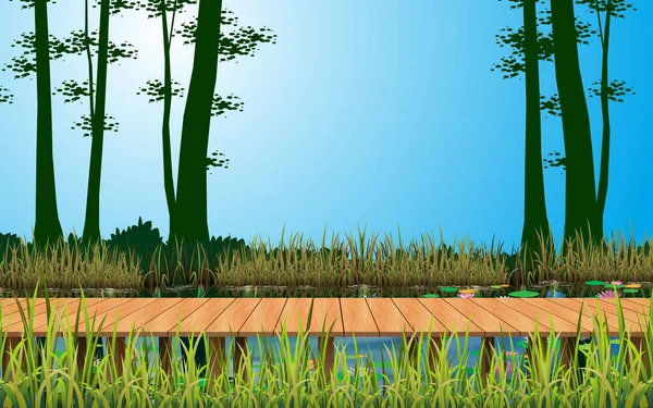 Landschaft Der Holzbrücke Über Den Fluss Wald — Stockvektor