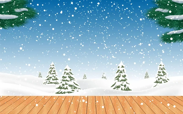 Tavolo Legno Con Sfondo Paesaggio Neve — Vettoriale Stock