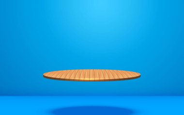 Mavi stüdyoda ahşap bir vitrin