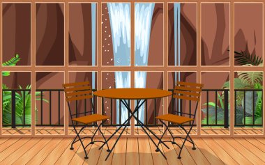 Şelale arka planlı ahşap tatil köyünün içi