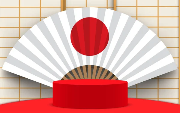 Podium Merah Dengan Kipas Dan Latar Belakang Dinding Jepang - Stok Vektor