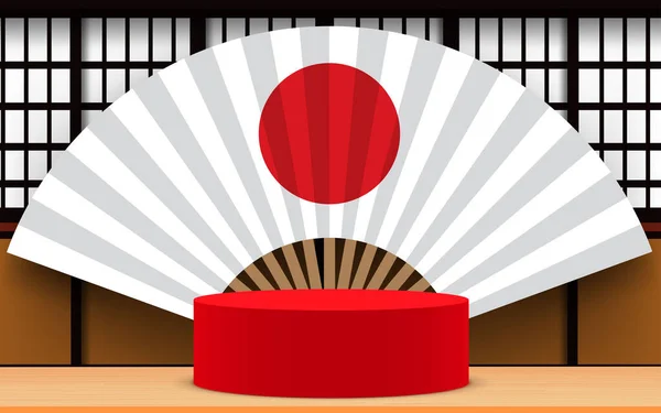 Podium Merah Dengan Kipas Dan Latar Belakang Dinding Jepang - Stok Vektor