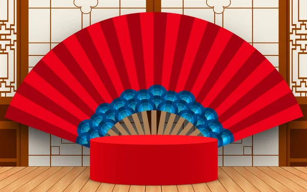 Rood Podium Met Ventilator Chinese Muur Achtergrond — Stockvector