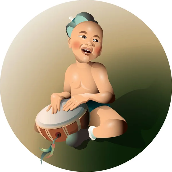 Монгольська хлопчик грає барабан — стоковий вектор