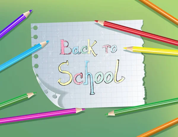 Volver a la escuela lápiz texto dibujo en cuaderno de papel con color — Vector de stock