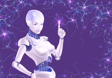 Bir işaret parmağı tutan bir robot kadın