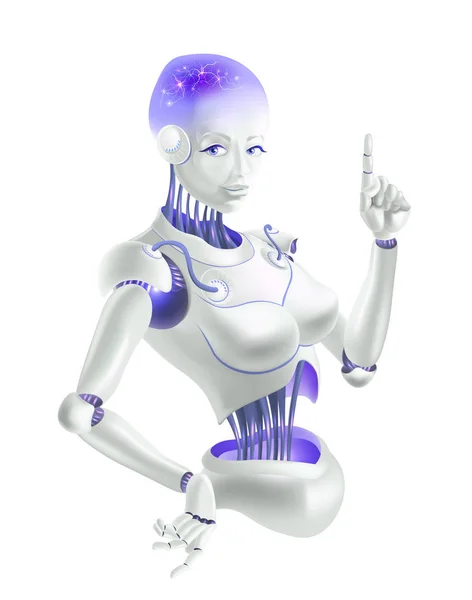 Una donna robot con un dito indice alzato — Vettoriale Stock