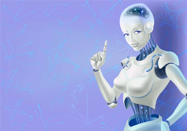 Una donna robot con un dito indice alzato — Vettoriale Stock