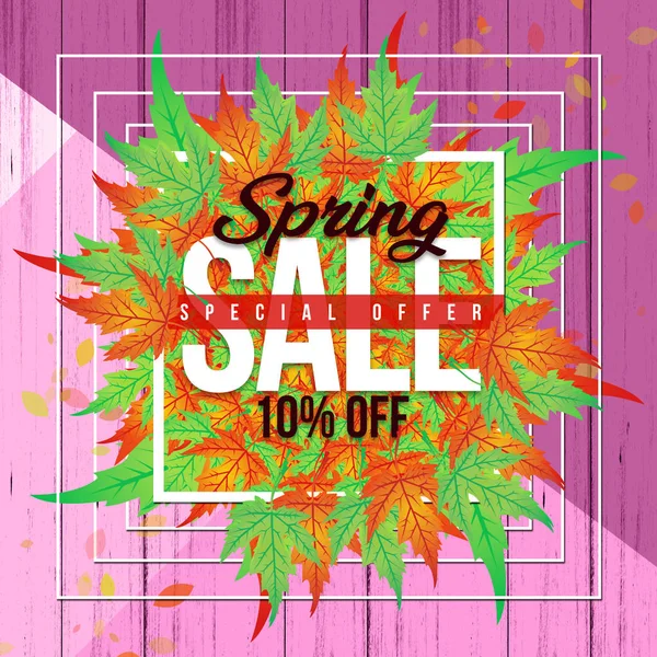 Spring Sale Banner with colorful leaf and colorful wooden backgr