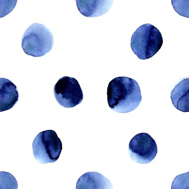 İndigo mavi suluboya basit Polka noktalar ile el çizilmiş Dikişsiz desen. Beyaz arka planda izole edilmiştir. Lacivert modern daire. Boyalı yuvarlak şekiller, lekeler, daireler, Bloblar. Dekor için sevimli tasarım.