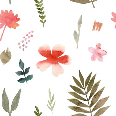 Tropikal çiçekler ve yaprakları suluboya Dikişsiz desen. Kumaş Tekstil, ambalaj kağıdı, giysi için tropik yaz baskı. Kolaj orman tarzı el boyalı illüstrasyon. Basit parlak tasarım.