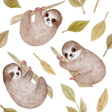 Dikişsiz desen. Palmiye ağacında suluboya sevimli tembellik. Tropikal hayvan. Clipart beyaz izole. El boyalı illüstrasyon: kreş tasarım, poster, tebrik, Doğum günü kartı, bebek duş, parti.