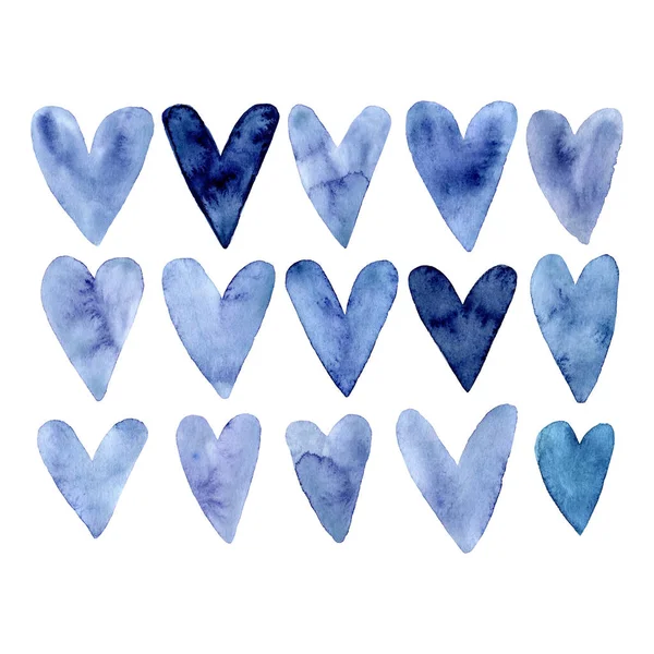 Set van de hand geschilderd Indigo blauw aquarel harten. Geïsoleerde hart op witte achtergrond. Cute Hearts elementen voor Valentine bericht, Valentijnsdag kaart of romantische Postcard. Aquarelle illustratie. — Stockfoto