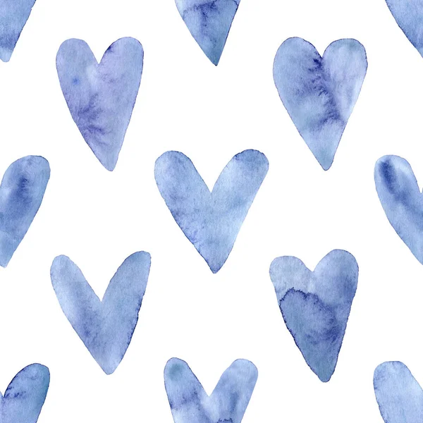 Seamless pattern with hand painted indigo blue watercolor hearts. Valentines day, aquarelle illustration. Romantic decorative background cute heart for gift paper, wedding decor or fabric textile.