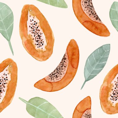 Dikişsiz desen. Suluboya Papaya meyvesi. El çizilmiş yaz illüstrasyon. Kumaş, ambalaj, tekstil, kapak, kağıt için tasarım