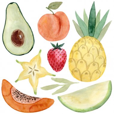Suluboya Carambola, avokado, şeftali, ananas, kavun, papaya, çilek. El çizilmiş yaz illüstrasyon. Kartpostal için tasarım