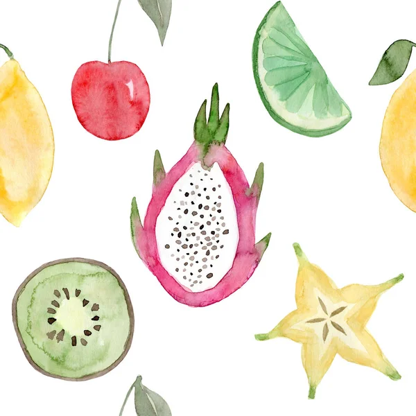 Sömlöst mönster. Akvarell frukter. Pitaya, kiwi, körsbär, citron, lime, carambola. Handritad sommar illustration. Design för tyg, förpackning, textil, omslag, vykort, papper, brev papper, omslag — Stockfoto