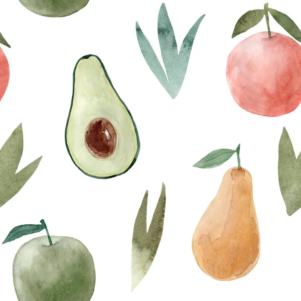 Sömlöst mönster. Akvarell avokado, apelsin, äpple, päron. Handritad sommar illustration. Design för tyg, förpackningar, textil — Stockfoto