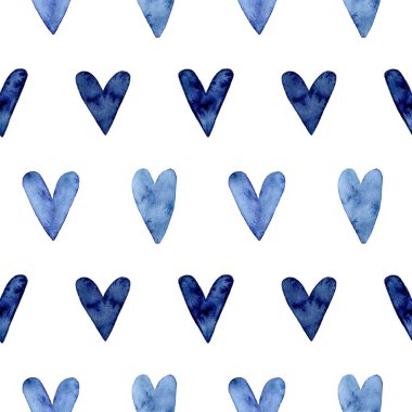 El boyalı indigo mavi suluboya kalpleri ile Dikişsiz desen. Sevgililer günü, Aquarelle Illustration. Hediye kağıt, düğün dekor veya kumaş Tekstil için romantik dekoratif arka plan sevimli kalp.