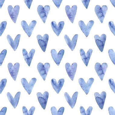 El boyalı indigo mavi suluboya kalpleri ile Dikişsiz desen. Sevgililer günü, Aquarelle Illustration. Hediye kağıt, düğün dekor veya kumaş Tekstil için romantik dekoratif arka plan sevimli kalp.