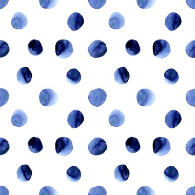 İndigo mavi suluboya basit Polka noktalar ile el çizilmiş Dikişsiz desen. Beyaz arka planda izole edilmiştir. Lacivert modern daire. Boyalı yuvarlak şekiller, lekeler, daireler, Bloblar. Dekor için sevimli tasarım.