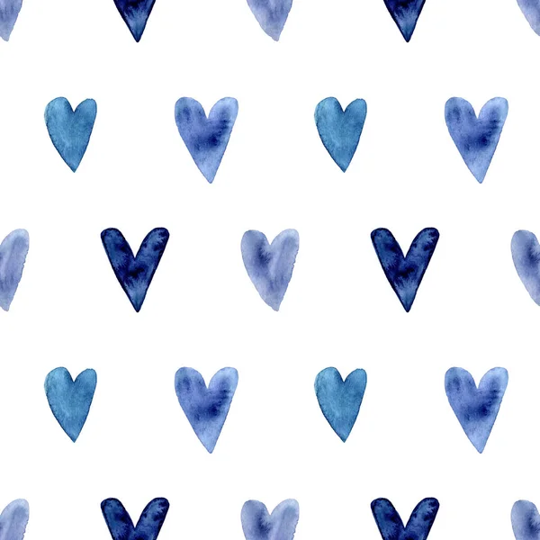 Seamless pattern with hand painted indigo blue watercolor hearts. Valentines day, aquarelle illustration. Romantic decorative background cute heart for gift paper, wedding decor or fabric textile.