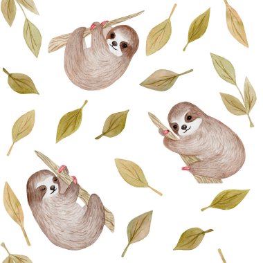 Dikişsiz desen. Palmiye ağacında suluboya sevimli tembellik. Tropikal hayvan. Clipart beyaz izole. El boyalı illüstrasyon: kreş tasarım, poster, tebrik, Doğum günü kartı, bebek duş, parti.