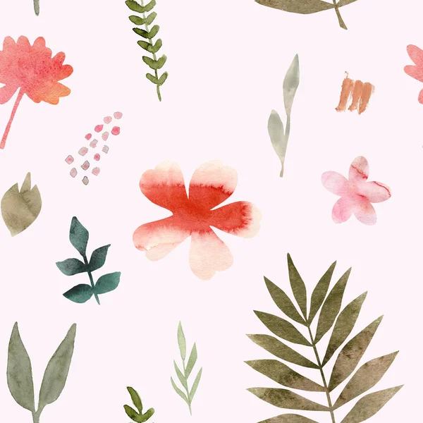 Watercolor seamless pattern of tropical flowers and leaves. Tropic summer print for fabric textile, wrapping paper, clothes. Collage jungle style hand painted illustration. Simple bright design. — Stock Photo, Image