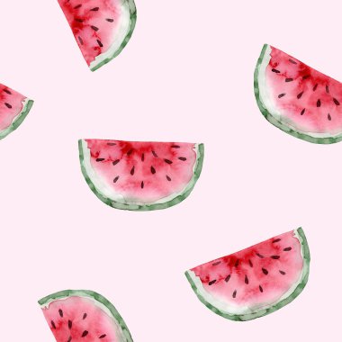 Dikişsiz desen. Suluboya karpuz meyvesi. El çizilmiş yaz illüstrasyon. Kumaş, ambalaj, tekstil, kapak için tasarım
