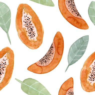 Dikişsiz desen. Suluboya Papaya meyvesi. El çizilmiş yaz illüstrasyon. Tasarım kumaş, ambalaj, tekstil, kapak, kartpostal, kağıt, Kırtasiye, Scrapbooking, sarma, Giysi, kartlar, poster