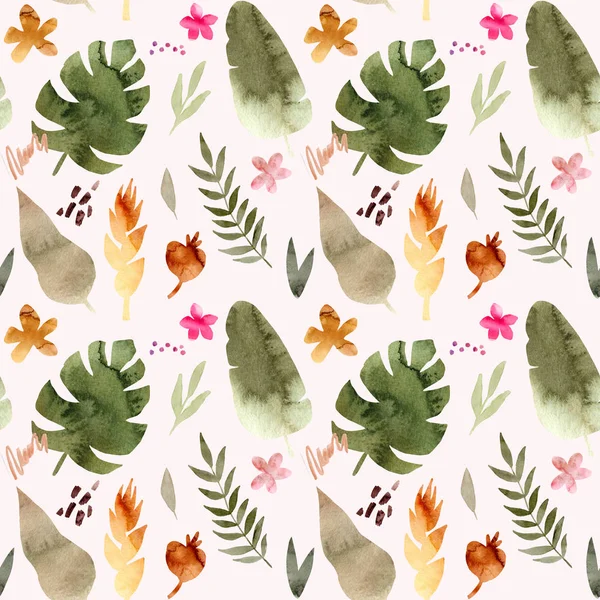 Aquarelle motif sans couture de fleurs tropicales et de feuilles. Impression estivale tropicale pour textile, papier d'emballage, vêtements. Collage style jungle illustration peinte à la main. Conception lumineuse simple . — Photo