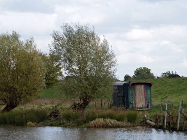 Nehir Krueckau kıyı şeridi ufuk çizgisi, sonbaharda sudan manzara