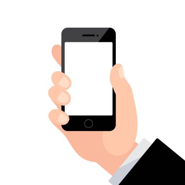 Erkek eli boş ekran ile telefon tutarak. Vektör çizim basit düz stil beyaz izole. Görüntü ve metin için bir yer var..
