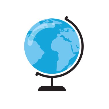 Kürsüdeki Dünya küresi beyaza izole edilmiş basit bir vektör çizimi. Mavi ve siyah renkler. Coğrafya işareti