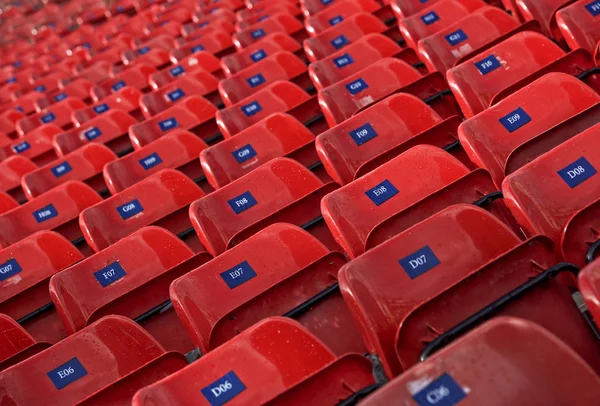 Filas Vacías Asientos Rojos Concierto Vista Abstracta Una Fila Conciertos — Foto de Stock