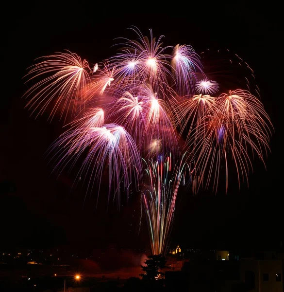 Colorful Amazing Fireworks Zurrieq Malta House Lights Background Explode Feast — Stock Photo, Image