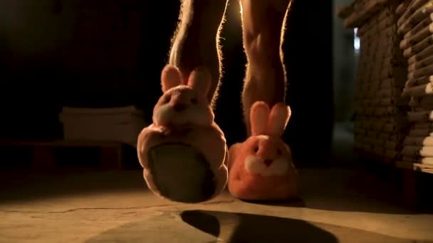 Slippers rabbits and male feet go — Stock Video