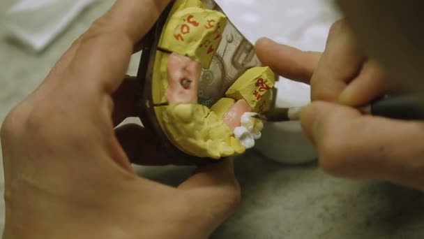 Зубной техник представлен с материалом на короне — стоковое видео