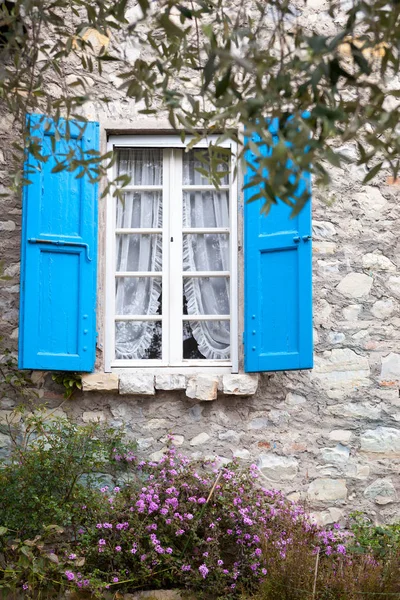 Linda Casa Campo Con Persianas Azules — Foto de Stock