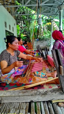Lombok / Batı Nusa Tenggara-Endonezya'da geleneksel dokuma tezgahları kullanarak kumaş örerken Lombok'ta yaşayanlar, 24 Kasım 2016