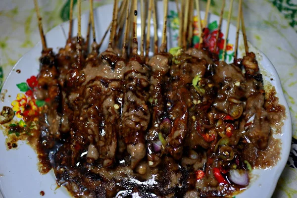 Sate Madura Satay Frango Dado Com Sambal Forma Molho Amendoim — Fotografia de Stock