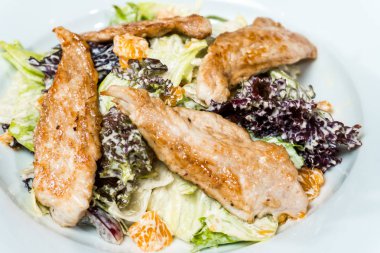 Beyaz bir arka planda da tavuk eti Krema soslu salata